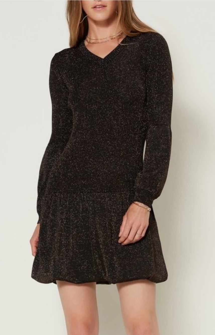 Current Air Black & Gold Shimmer Long Sleeve Bubble Waist Dress Women's Large
